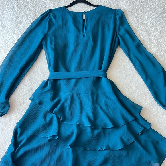 Long sleeve Tie Waist Tiered Ruffle Mini Dress - Picture 4 of 5